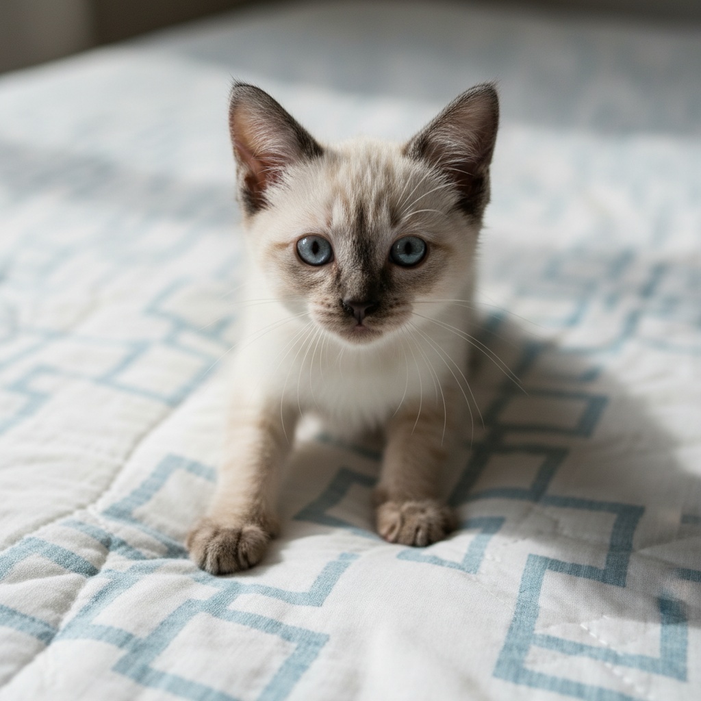 Gatito de pelaje crema con puntas más oscuras y ojos azules, de pie sobre una colcha blanca con dibujos azules, mirando a cámara con las patas delanteras adelantadas como si fuera a empezar a amasar