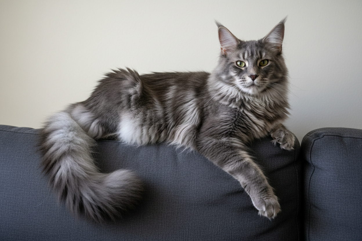 Gato gris de raza Maine Coon con pelaje largo y esponjoso recostado sobre el respaldo de un sofá gris, con expresión tranquila y mirada atenta. Imagen real utilizada por Topcats para ilustrar razas de gato gris con mucho y poco pelo. Descubre más sobre el gato gris Maine Coon y otras razas en la web de Topcats.