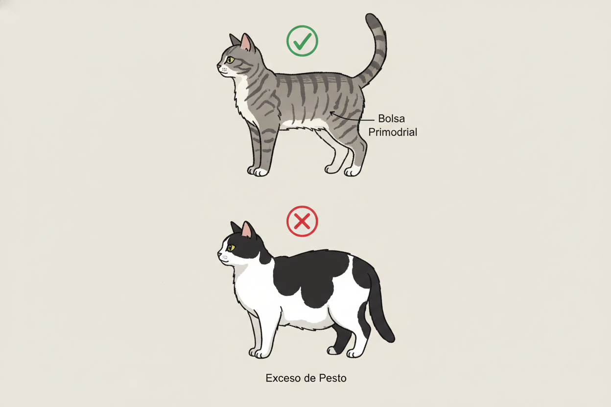 Imagen comparativa usada en Topcats para explicar si ciertas razas de gato gordo muestran una bolsa primordial normal o si realmente presentan exceso de peso; se ven dos ilustraciones de gatos, una marcada como correcta y otra incorrecta, y esta guía ayuda a diferenciar obesidad real de genética natural; si quieres aprender más sobre razas de gato gordo y descubrir cómo evitar el sobrepeso, entra en Topcats para ver el artículo completo.
