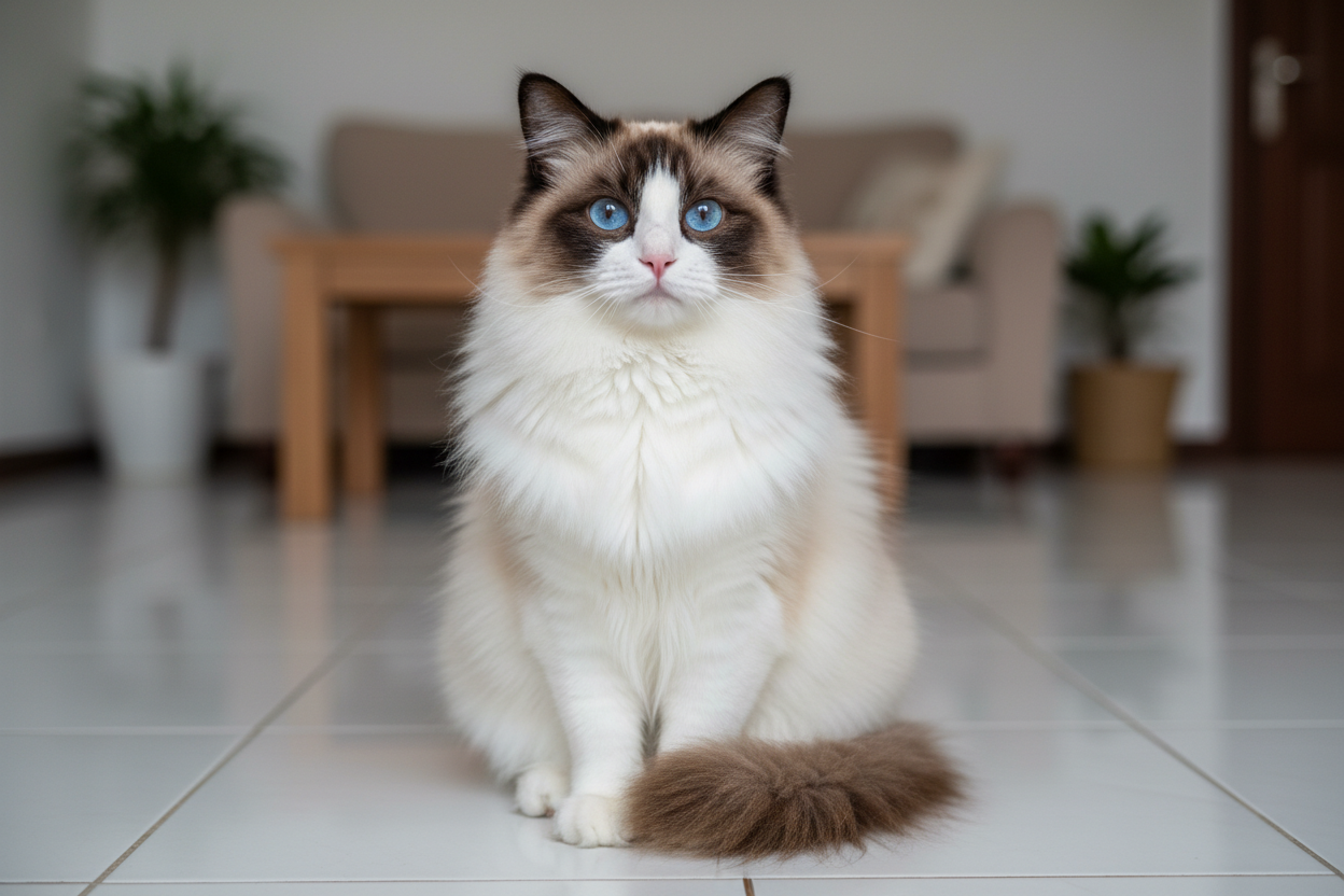 “Gato ragdoll Topcats sentado sobre una superficie blanca, con pelaje esponjoso bicolor y ojos azules