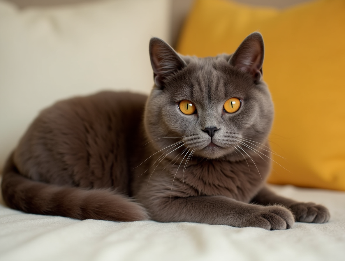 Gato British Shorthair marrón con ojos anaranjados mostrando los colores del British Shorthair en Topcats
