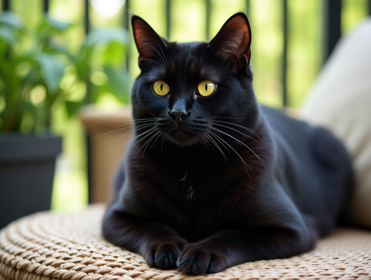 Gato British Shorthair negro con ojos amarillos brillantes descansando en una terraza, representando los colores del British Shorthair en Topcats