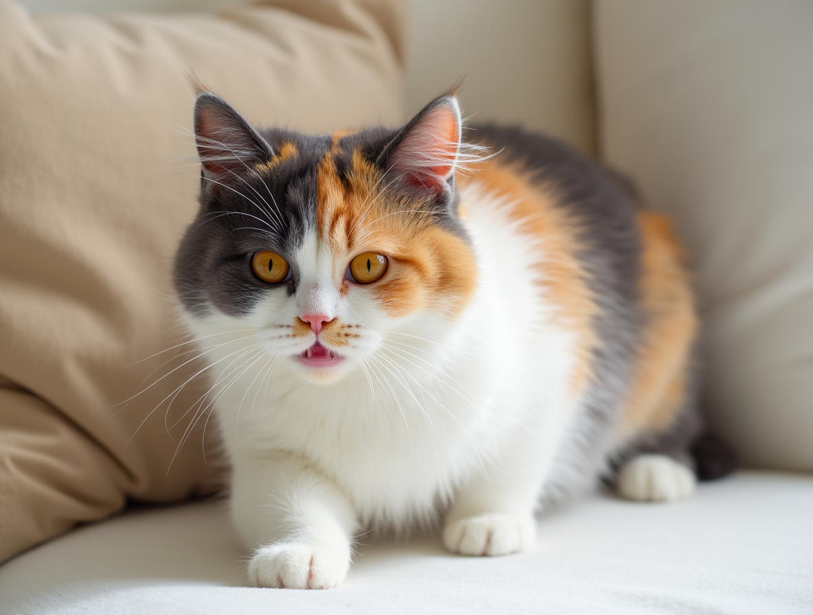 Gato British Shorthair tricolor jugando, con un pelaje de tonos blanco, negro y naranja, representando los colores del British Shorthair en Topcats