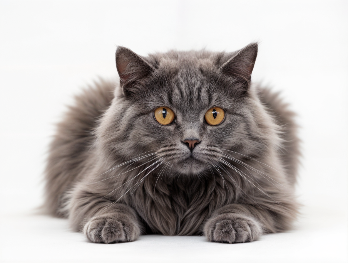 Gato British Longhair gris con pelaje largo y esponjoso, tumbado sobre una superficie blanca. Sus ojos dorados destacan sobre su denso manto gris, dándole una mirada cautivadora y tranquila. 