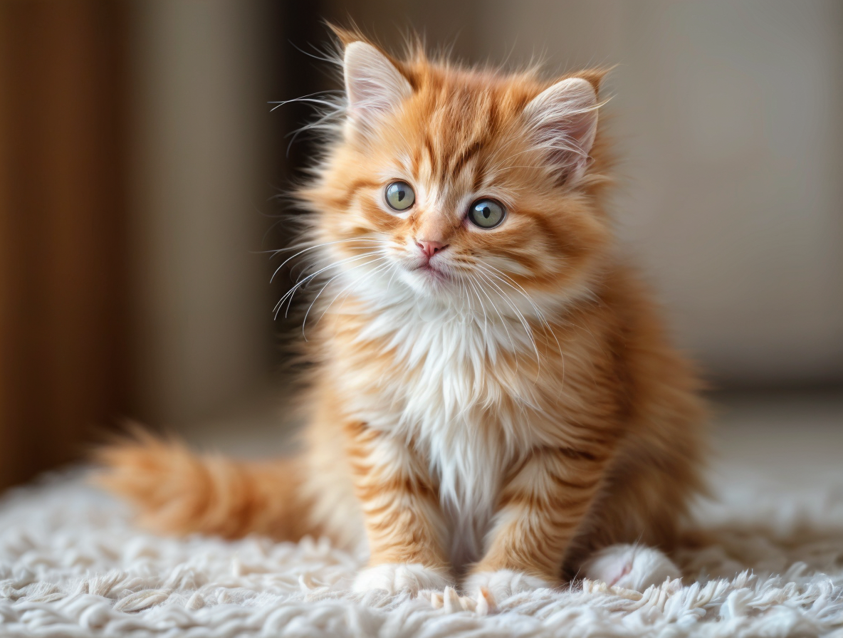 Gatito British Longhair de color naranja y blanco, con pelaje largo y esponjoso. Sentado sobre una superficie mullida, mira con curiosidad y dulzura hacia la cámara.