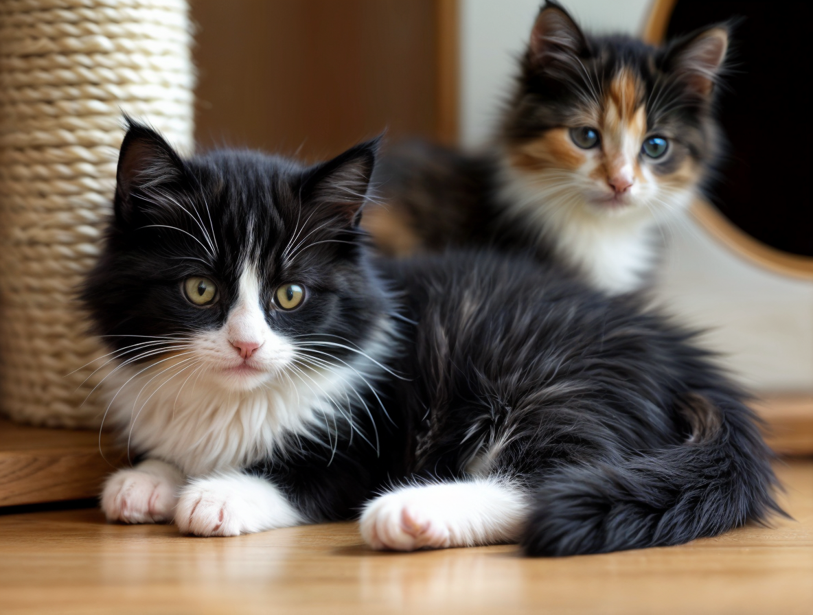 Dos gatitos British Longhair bicolores, uno negro y blanco en primer plano y otro tricolor en el fondo, descansando en un suelo de madera junto a un rascador.