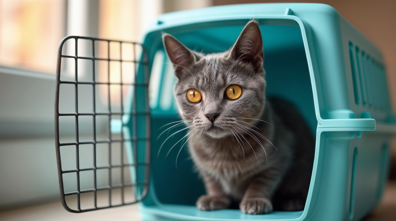 Viaje en transportín para vacunas para gatos con Topcats Gato de Topcats en su transportín, listo para recibir sus vacunas para gatos