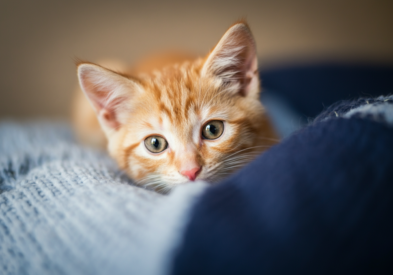 atito atigrado de pelaje anaranjado tumbado sobre una manta en el interior de un hogar, mirando de forma tierna y tranquila hacia la cámara. Esta imagen refleja el ambiente cálido y acogedor de tener un gato en casa, en el contexto del post sobre cuánto cuesta mantener un gato.