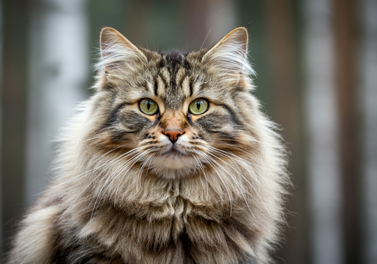 Gato hipoalergénico Siberiano de Topcats con manto espeso en entorno natural Gato hipoalergénico Siberiano de Topcats con frondoso pelaje marrón y ojos verde esmeralda posando en un bosque