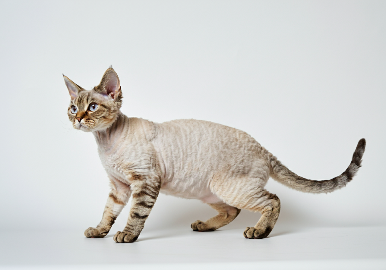Gato hipoalergénico Devon Rex de Topcats posando en estudio blanco Gato hipoalergénico Devon Rex de Topcats con pelaje rizado beige y ojos azules, captado en un estudio de fondo blanco