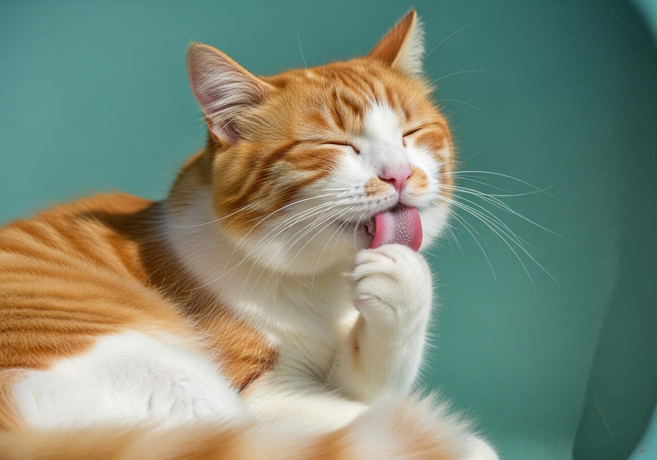 Gato naranja y blanco lamiéndose la pata mientras se relaja al sol, reflejando bienestar gracias a una dieta rica en taurina para gatos como la recomendada por Topcats.