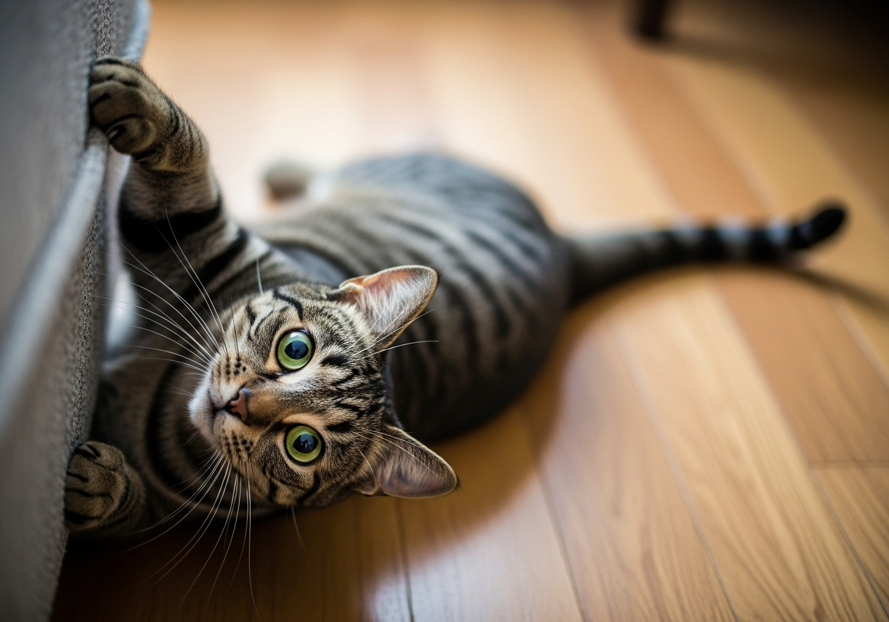 Gato atigrado de ojos verdes tumbado de lado en el suelo de madera, mirando fijamente a cámara, en un momento de alerta que podría estar relacionado con síntomas tratados con urbasonpara gatos. Imagen de Topcats que refleja cómo detectar cambios de comportamiento. 