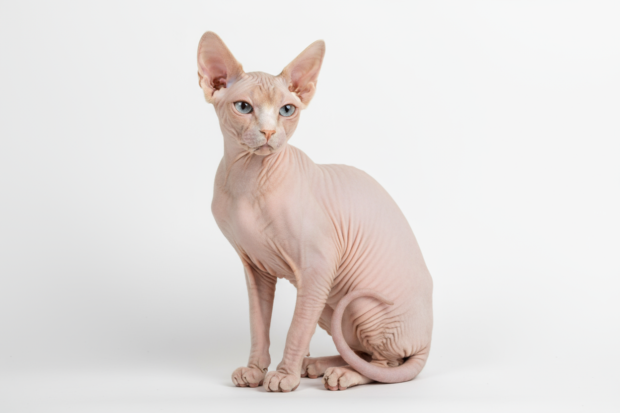 Gato egipcio sin pelo de raza Sphynx con ojos azules y piel rosada posando sobre fondo blanco.