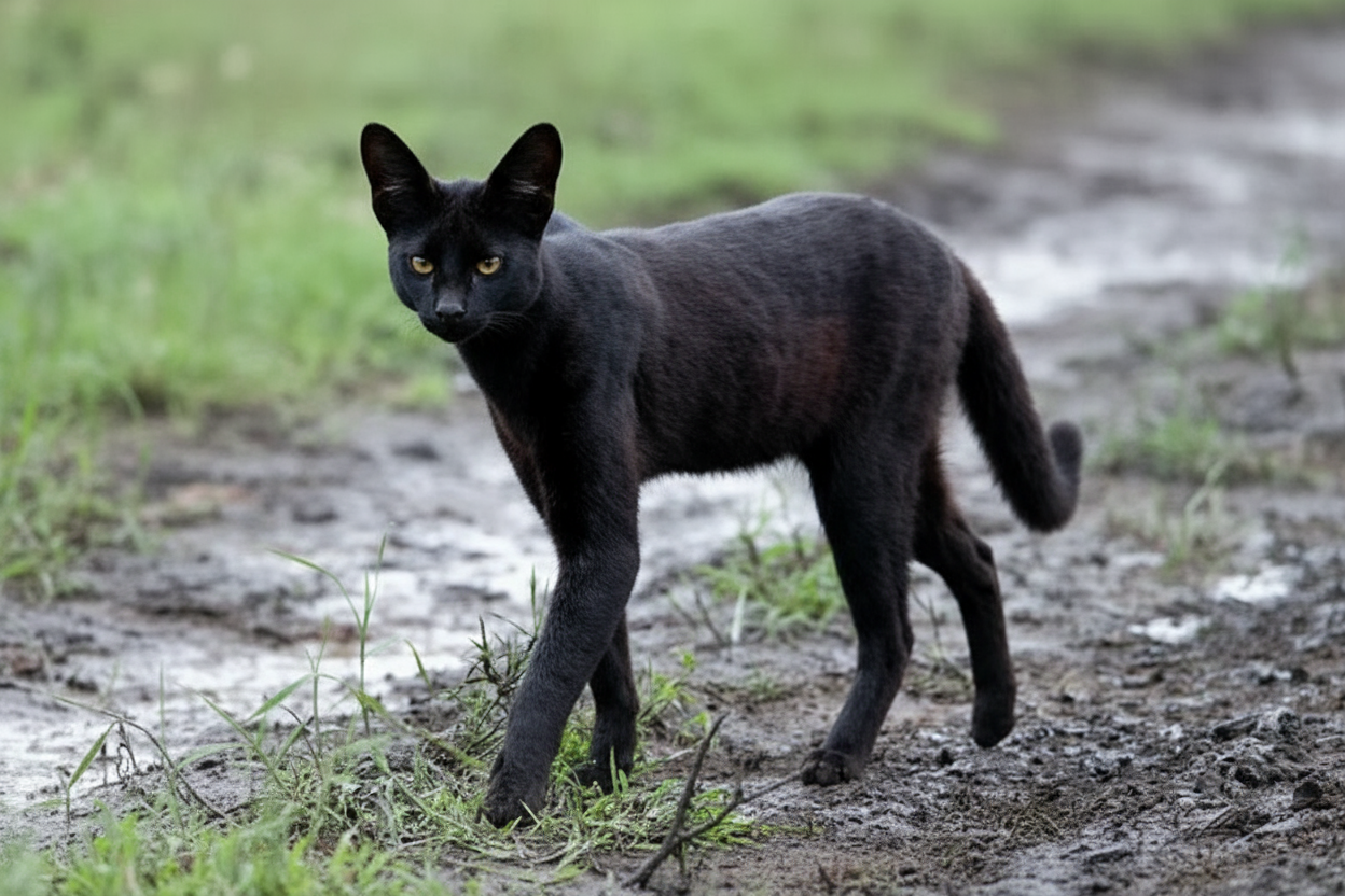 Gato serval negro de Topcats caminando sobre terreno húmedo, con pelaje oscuro brillante y mirada intensa. Representa la variación melánica del gato serval, una rareza de la naturaleza que muestra su elegancia salvaje.