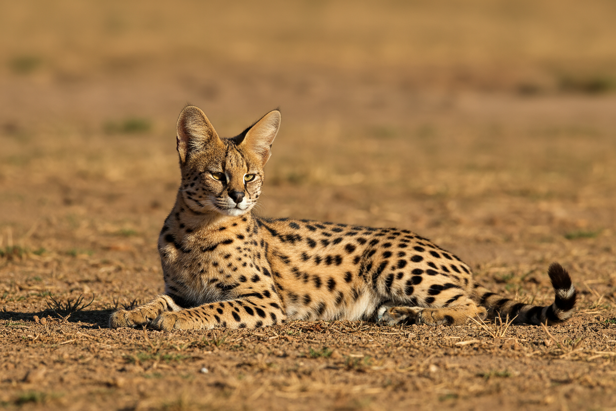 Gato serval de Topcats descansando bajo el sol sobre tierra seca, con pelaje dorado y manchas negras. Imagen que muestra la elegancia y el comportamiento tranquilo del gato serval en su hábitat.