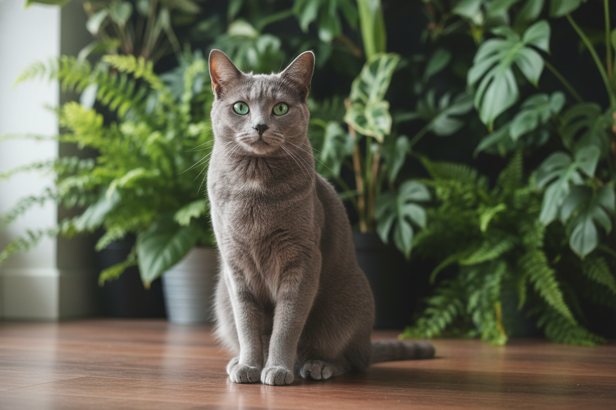 Gato gris de raza Azul Ruso con pelaje corto y brillante y ojos verdes intensos, mirando con expresión atenta frente a un fondo natural con plantas. Imagen real utilizada por Topcats para ilustrar razas de gato gris con mucho y poco pelo. Descubre más sobre el gato gris Azul Ruso y otras razas en Topcats.