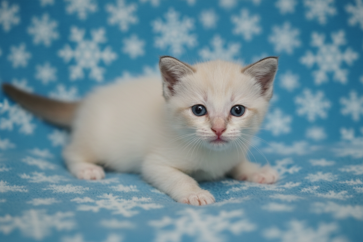 Cachorro de gato ragdoll Topcats tumbado sobre una manta azul con copos de nieve, mostrando ojos oscuros y expresión curiosa.