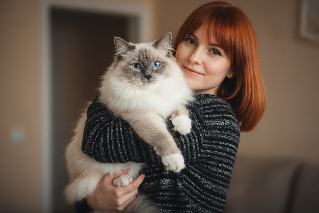 Persona sujetando a un gato ragdoll Topcats de pelo largo y color claro, mostrando su expresión tranquila y su manto esponjoso