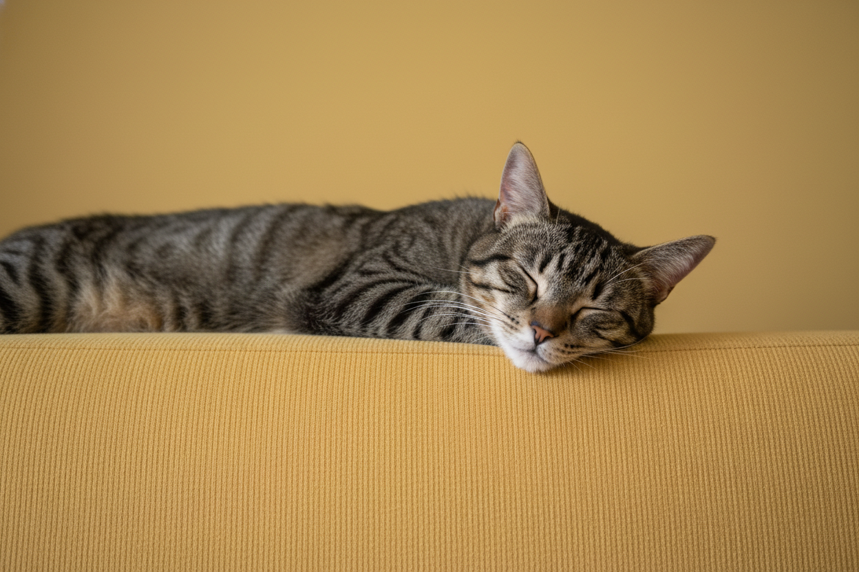 Beneficios de tener un gato en casa: descanso y calma felina | Topcats Gato doméstico de pelaje atigrado durmiendo profundamente sobre el respaldo de un sofá amarillo, con los ojos cerrados y expresión de calma, una escena que refleja los beneficios de tener un gato en casa como la tranquilidad y el bienestar emocional