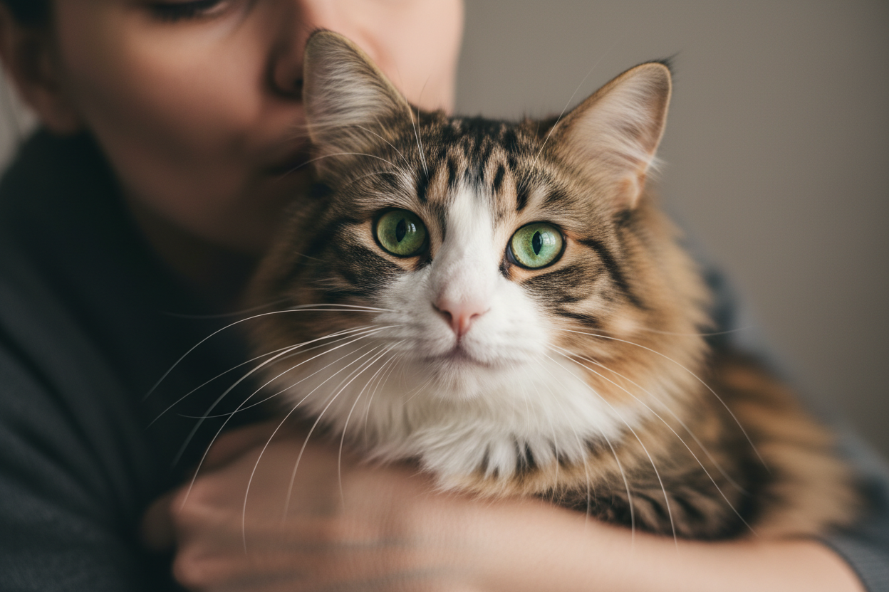 Beneficios de tener un gato en casa: vínculo emocional y confianza | Topcats Persona abrazando con suavidad a un gato de pelo largo y mirada verde intensa, transmitiendo cercanía y vínculo emocional, una escena que refleja los beneficios de tener un gato en casa como el afecto y la conexión diaria