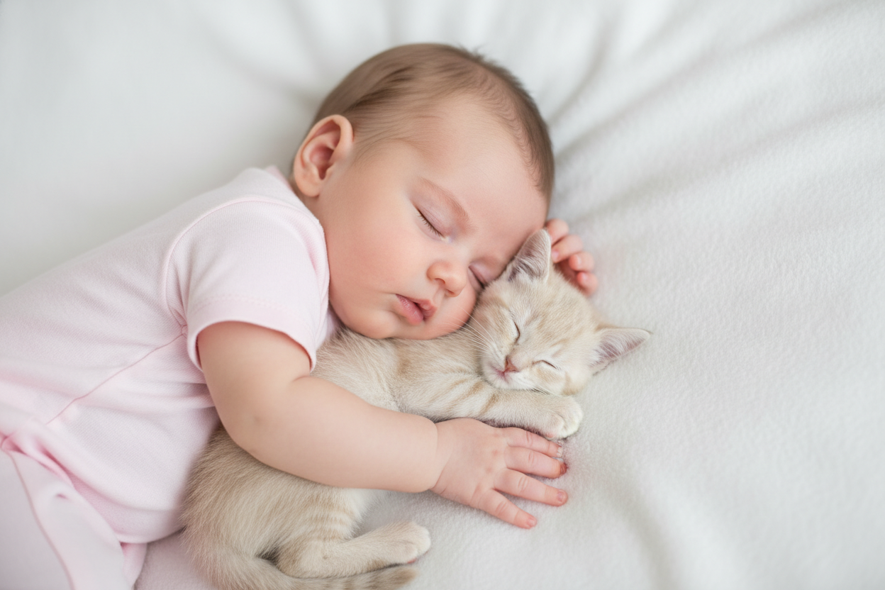 Beneficios de tener un gato en casa desde la infancia: calma y compañía | Topcats Bebé dormido abrazando a un pequeño gato de pelaje claro, ambos descansando juntos en una superficie blanca, una escena de calma y confianza que refleja los beneficios de tener un gato en casa y el vínculo temprano