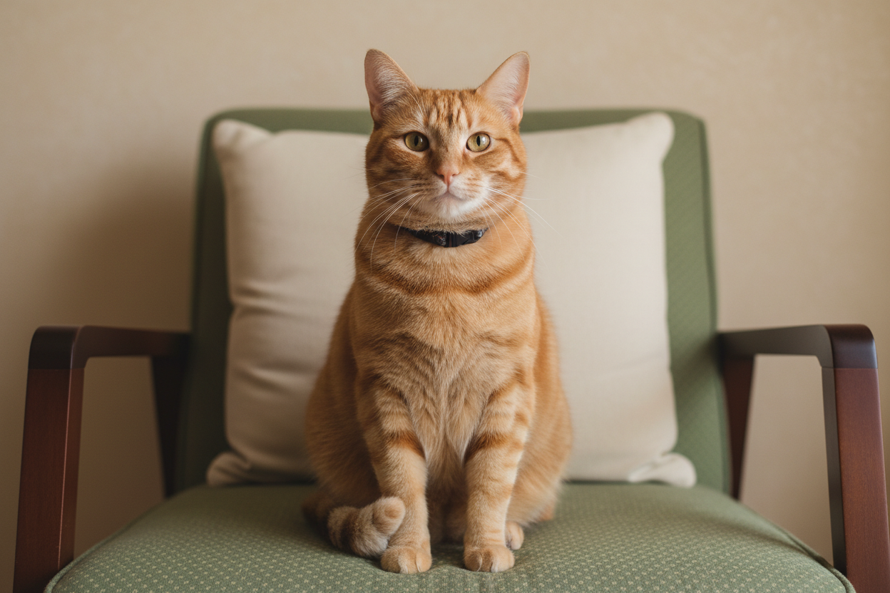 Beneficios de tener un gato en casa: compañía tranquila y equilibrio | Topcats Gato adulto de color naranja sentado erguido sobre una butaca con cojín, mirando de frente con expresión tranquila y segura, una escena que representa los beneficios de tener un gato en casa como la compañía y la presencia serena