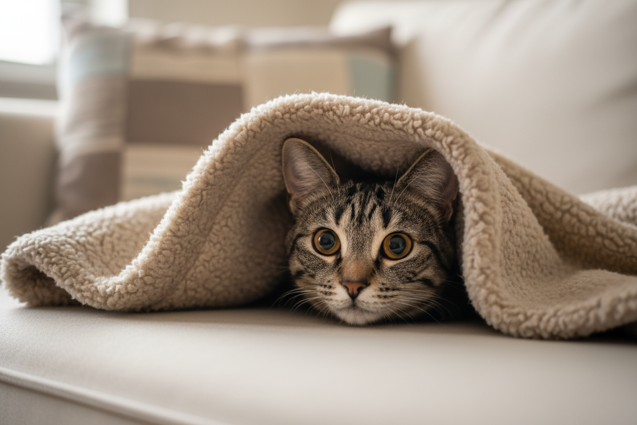 Beneficios de tener un gato en casa: refugio, curiosidad y calma | Topcats Gato atigrado de ojos grandes y expresivos asomando desde debajo de una manta sobre un sofá, en actitud curiosa y alerta, una escena cotidiana que refleja los beneficios de tener un gato en casa como la sensación de refugio y seguridad