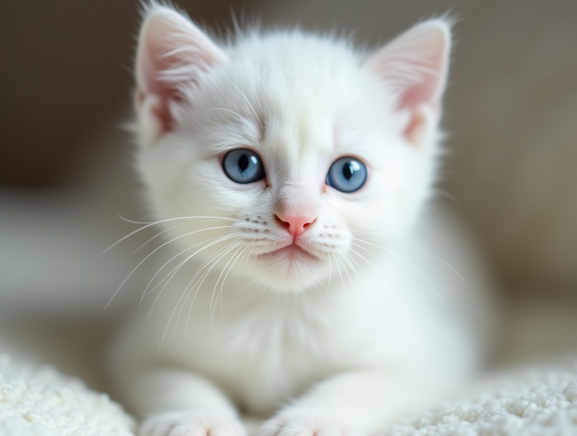 Gatito blanco con ojos azules ilustrando los colores del British Shorthair en Topcats. ¡Haz clic y descubre más sobre sus bellas tonalidades en nuestra web!