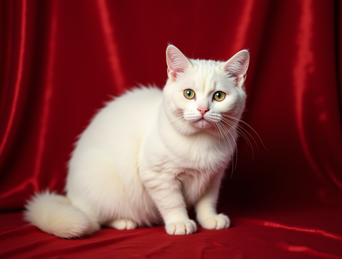 Un elegante British Shorthair blanco posa con porte majestuoso sobre un fondo de tela roja satinada. Su pelaje denso y brillante resalta con la iluminación, mientras sus grandes ojos redondos expresan curiosidad y serenidad. Su postura erguida y su expresión atenta reflejan la naturaleza tranquila y sofisticada de esta raza.