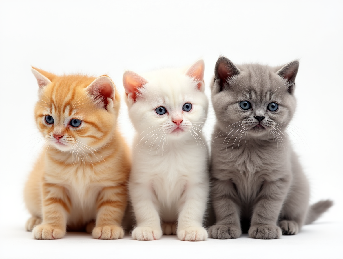Tres adorables cachorros de British Shorthair en distintos colores – naranja, crema y gris – posan juntos con expresiones dulces y curiosas. Su pelaje denso y esponjoso resalta su juventud, mientras sus ojos grandes y redondos reflejan inocencia. 