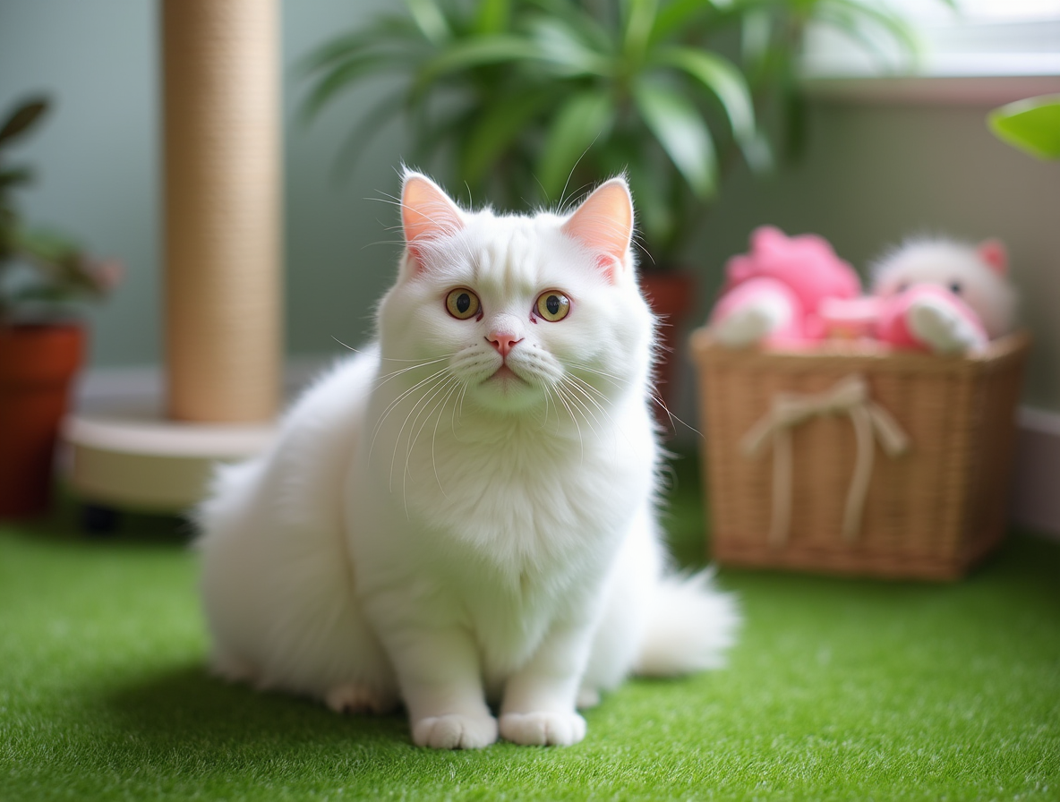Un adorable British Shorthair blanco con grandes ojos verdes posa sobre césped artificial, rodeado de plantas y detalles decorativos. Su pelaje suave y esponjoso resalta con la luz natural, transmitiendo una sensación de pureza y tranquilidad.