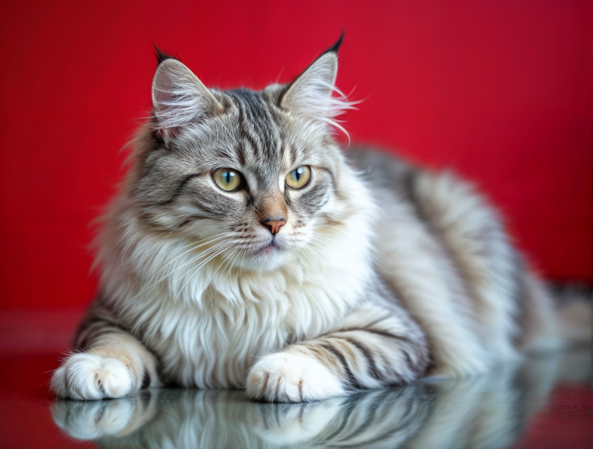 Gato British Longhair de color plateado con rayas oscuras, tumbado sobre una superficie de cristal con un fondo rojo.
