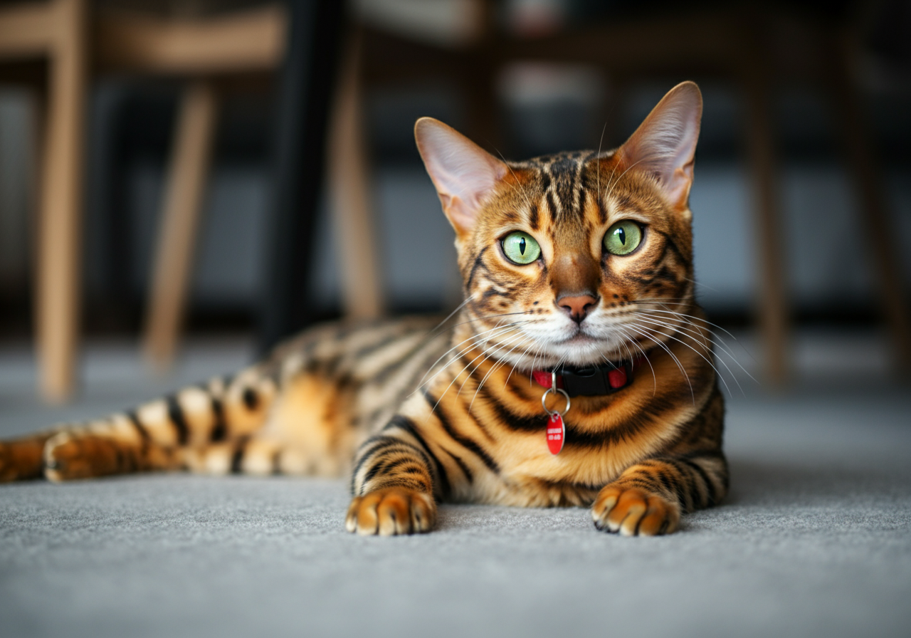Gato hipoalergénico Bengalí criado por Topcats, tumbado relajado sobre una alfombra gris con su collar rojo, mirada curiosa y patrón atigrado dorad