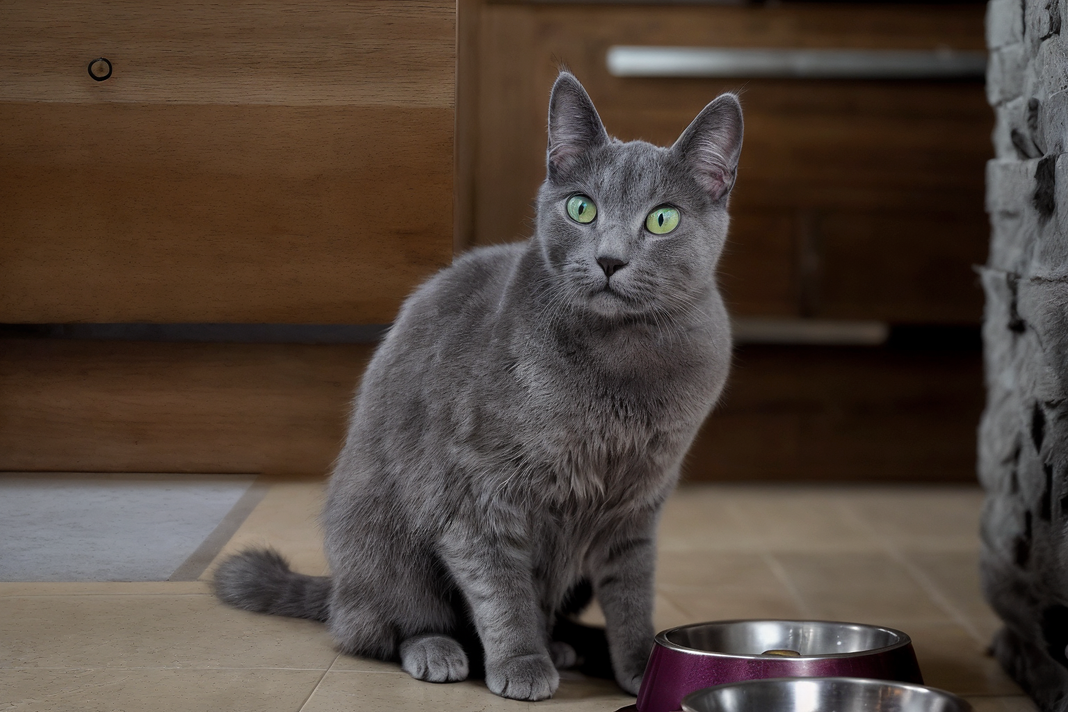 Gato hipoalergénico Azul Ruso de Topcats con pelaje gris azulado y ojos verde esmeralda sentado junto a un cuenco metálico en la cocina