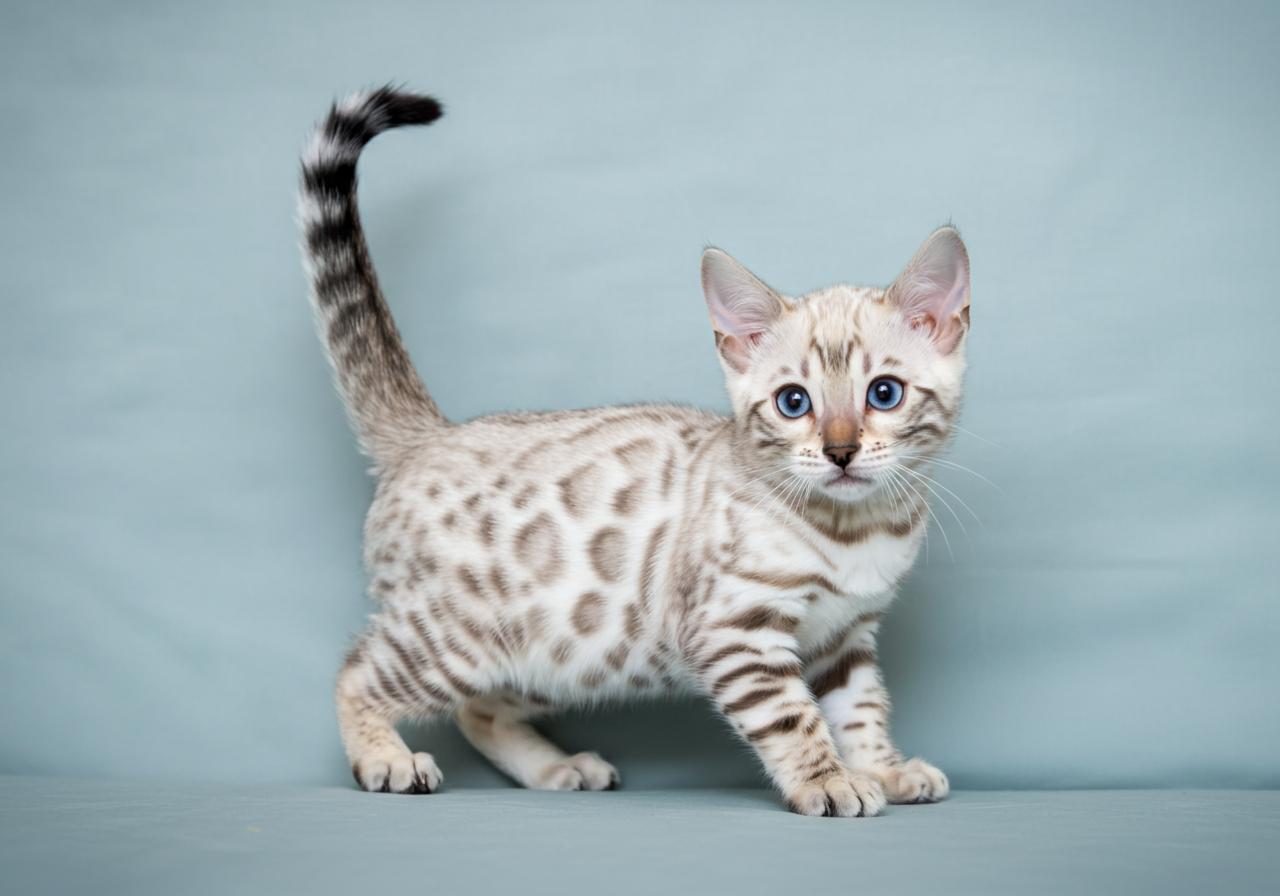 Cachorro de gato bengalí blanco tipo snow lynx de Topcats, con pelaje casi blanco y ojos azul intenso, posando sobre un fondo azul claro. Ideal para reconocer el patrón claro y el contraste suave de esta variedad Snow.