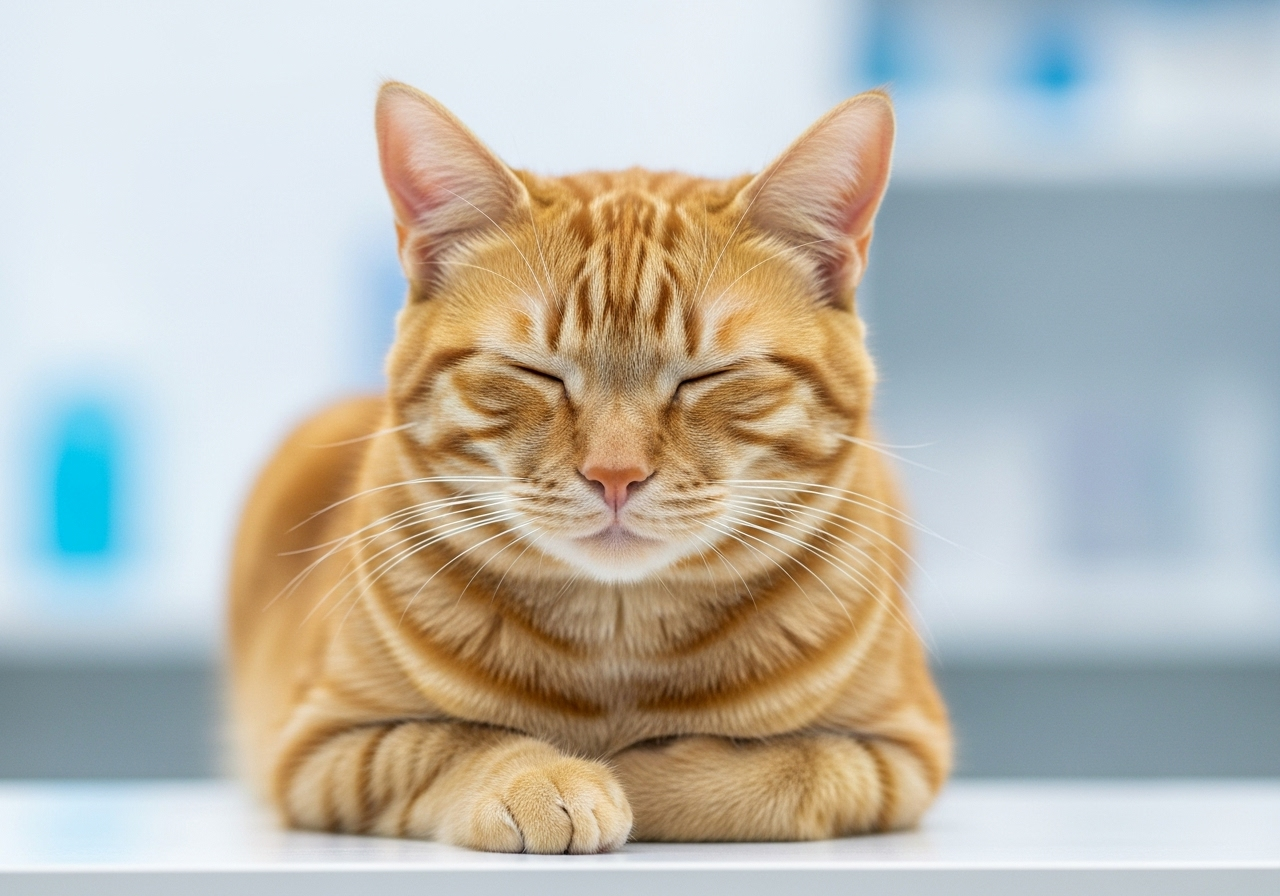 Gato atigrado naranja con ojos cerrados descansando en posición recogida, posiblemente tras recibir urbasonpara gatos para tratar una inflamación; imagen tomada en un entorno tranquilo que refleja el bienestar posterior al tratamiento en Topcats. 