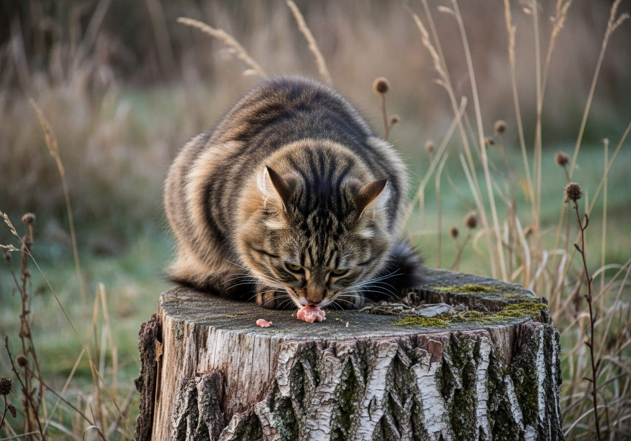 Gato de pelaje largo y marrón comiendo en libertad sobre un tronco