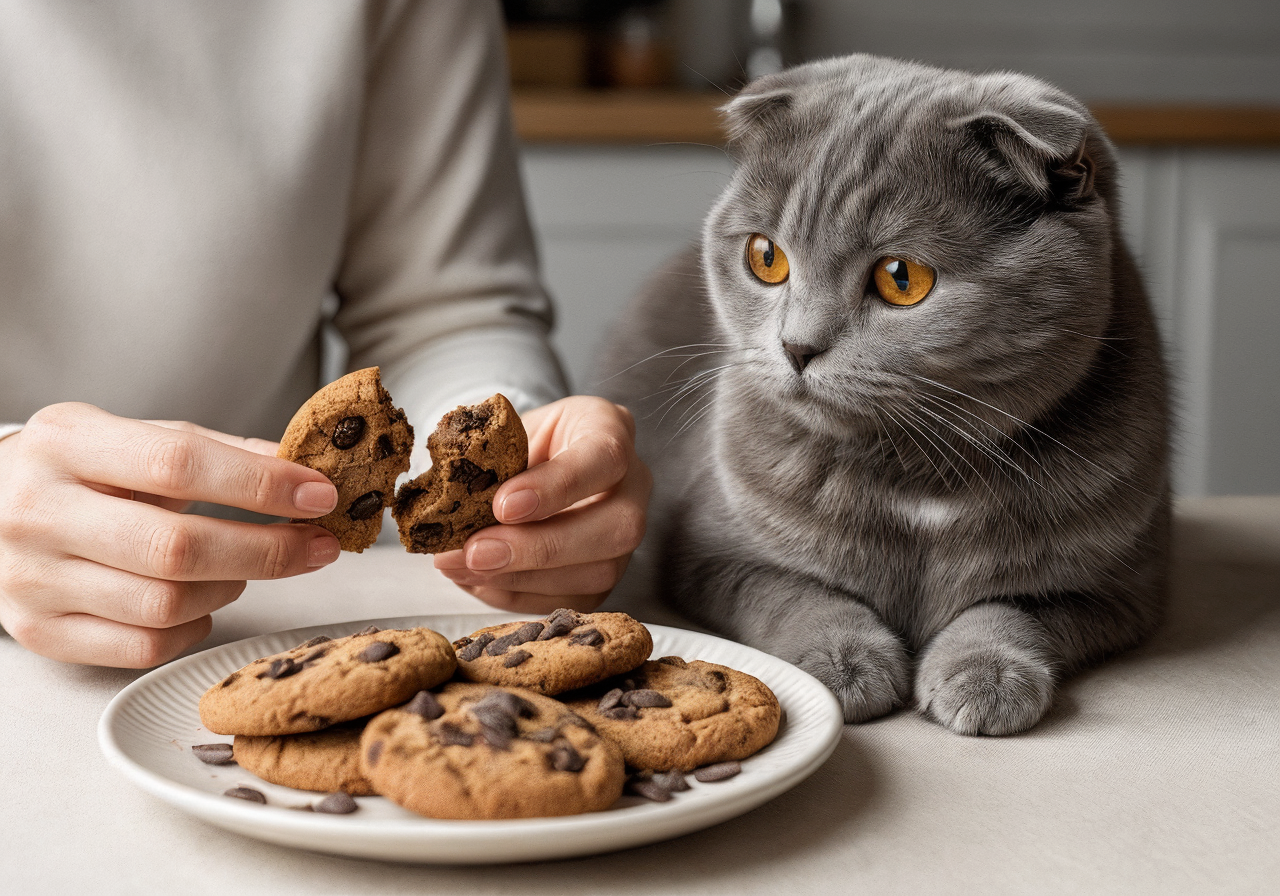 Gato de raza scottish fold con expresión atenta mirando unas galletas con chocolate, mientras una persona parte una en sus manos