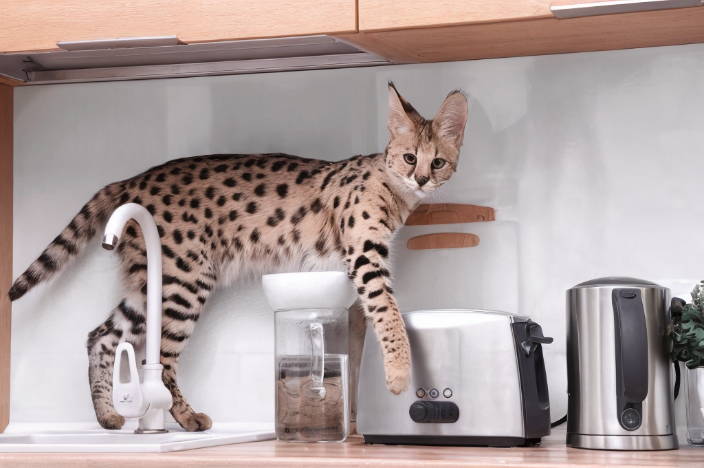 Gato Savannah de Topcats explorando una cocina moderna. Su cuerpo largo y moteado destaca entre electrodomésticos, mostrando por qué es uno de los gatos más caros del mundo.