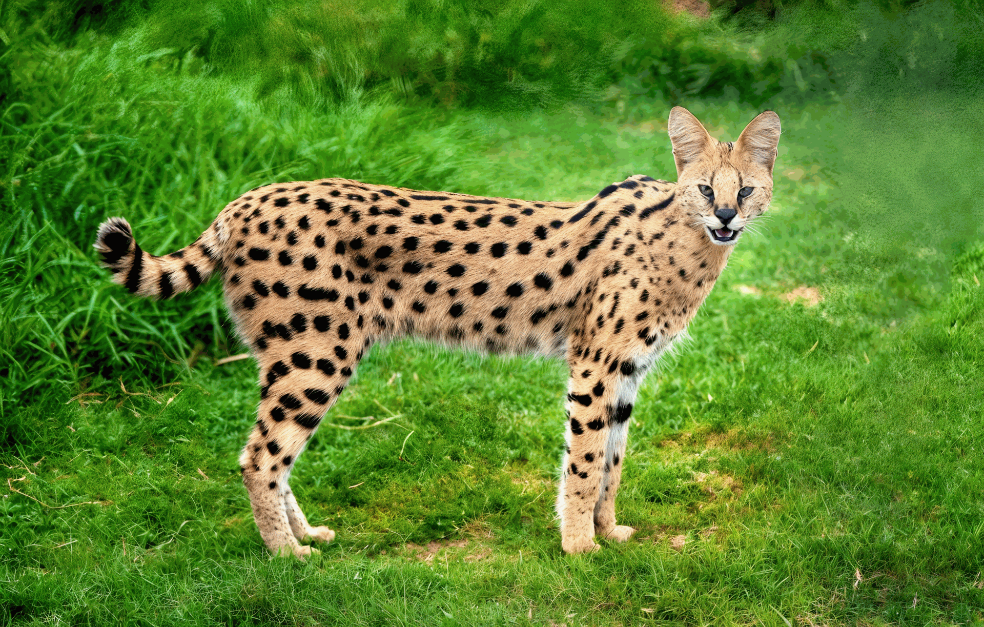 Gato Serval de Topcats en un entorno natural con hierba verde, cuerpo largo y delgado, y pelaje dorado cubierto de manchas negras