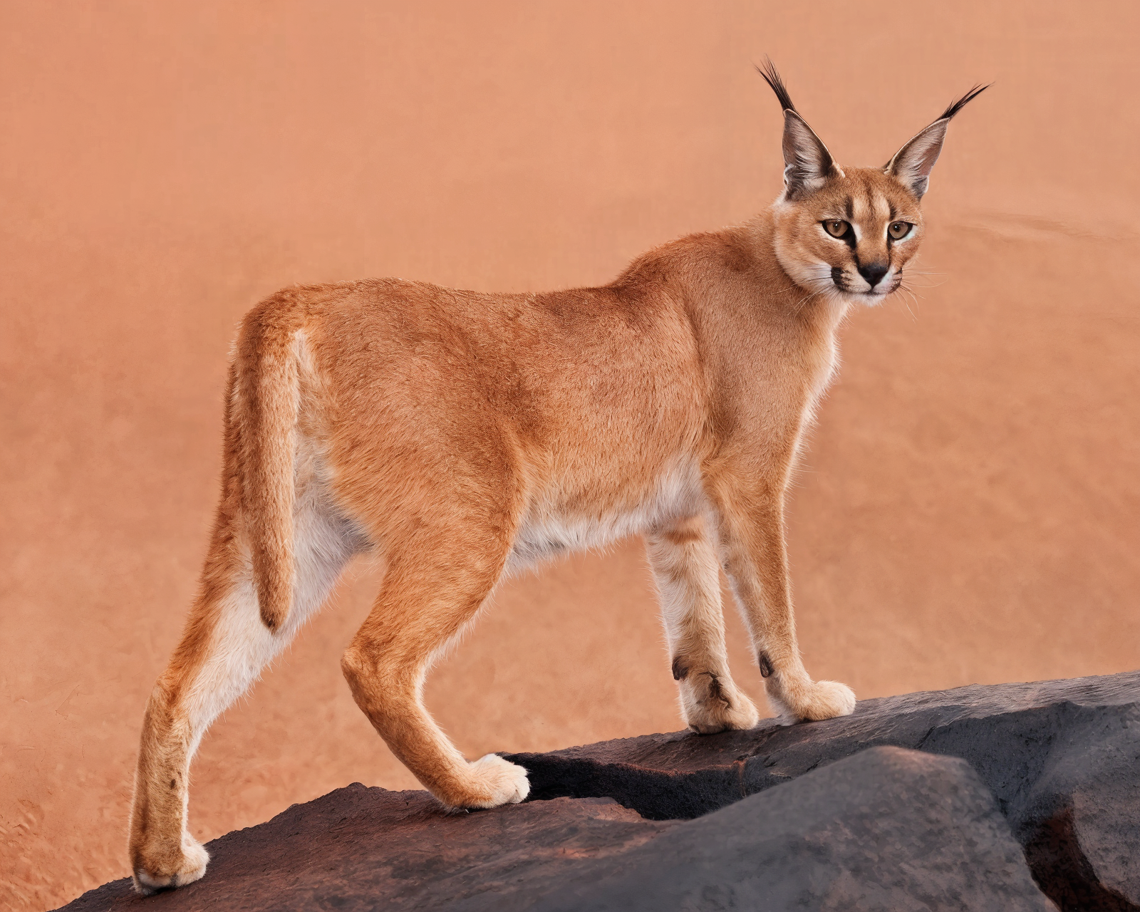 Gato Caracal de Topcats en un paisaje desértico, con pelaje rojizo, cuerpo musculado y orejas negras con penachos largos.